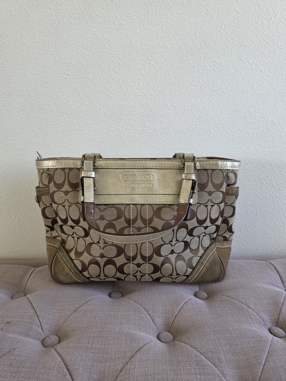 Authentic Y2K Coach Gold Signature C Jacquard with Suede Tote